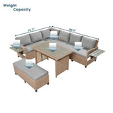 An L-shaped TOMAX 5-piece outdoor rattan sofa set with gray cushions, showing weight capacities of up to 700lbs for seating and 175lbs for the table.