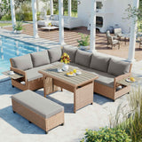 TOMAX 5-Piece Outdoor Rattan Sofa Set, an L-shaped patio set with light gray cushions, a matching table, and a bench by a pool.