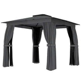 A NatureScape Living 10x10 patio pergola in dark gray with a two-tiered roof, tied-back curtains, and black netting.