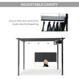 A NatureScape Living 10x10 Retractable Pergola with an adjustable dark grey canopy, shown with a hand pulling its drawstring to control the shade.