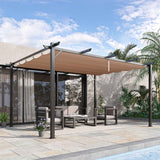 NatureScape Living's 10x13 Canopy Pergola, with a tan adjustable sunshade, covers a modern patio setup by a pool.