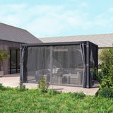 A dark grey 10x13 Retractable Pergola with Sun Shade Louvered Top and mesh curtains on a wooden deck.