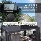 A dark gray NatureScape Living 10x13 retractable pergola with an adjustable aluminum louvered roof and side curtains on a patio.