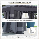 NatureScape Living's 10x13 Retractable Pergola features a sturdy dark gray aluminum frame, louvered top, curtains, and stable ground stakes.