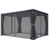 A NatureScape Living 10x13 Retractable Pergola features a dark grey frame with tied-back mesh and fabric curtains.