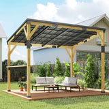 NatureScape Living's 10x14 Lean-To Gazebo, a stylish wooden pergola with a dark steel roof and bar shelf on a deck.