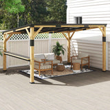 A 10x14 NatureScape Living Lean-To Gazebo with a steel roof and bar shelf shades a stylish outdoor lounge area on a deck.