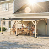NatureScape Living's 10x20 wooden lean-to gazebo with a steel roof shades friends dining on a sunny patio.