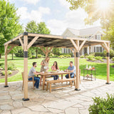 An elegant NatureScape Living wooden pergola with a dark steel roof shades friends gathered around a table on a stone patio.