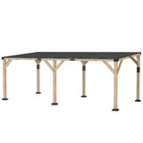 NatureScape Living 10x20 outdoor pergola with light wooden posts and a dark grey steel hardtop roof.