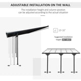 A 12x10 Polycarbonate Pergola, illustrating adjustable wall installation height (91-98.5"), column positions, and a 10-16° pitch.