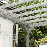 A NatureScape Living 12x20 wood pergola with a modern design and evenly spaced beams against a white house.