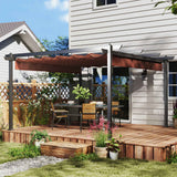 A NatureScape Living 13x13 retractable pergola with a terracotta canopy shades a dining area on a wooden deck.