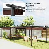 NatureScape Living's 13x13 Retractable Pergola features an easy-slide brown canopy and dark frame in a green backyard.