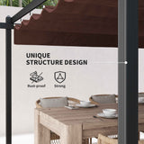 A 13x13 retractable pergola with a brown canopy, emphasizing its rust-proof and strong design above an outdoor dining setting.