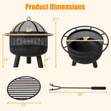 A NatureScape Living black metal 24-inch wood-burning fire pit is shown with its mesh screen, log grate, and poker.