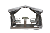 A NatureScape Living 4-seat outdoor glider bench with an aluminum frame, light grey canopy, dark mesh, and central table.