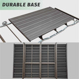 The 4-Seat Outdoor Glider Bench features its durable dark brown corrugated metal base and slatted backrest panels.