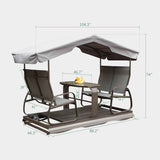 NatureScape Living's 4-seat outdoor glider with a grey canopy and retro aluminum frame, featuring two benches and a central table.
