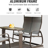 A NatureScape Living 4-seat outdoor glider bench with a brown aluminum frame, gray seats, a table, and claims of comfort, waterproofing, and easy cleaning.