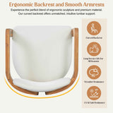 Acacia wood outdoor chair with a white curved cushion, highlighting its ergonomic backrest and all-weather resistance.