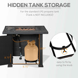 NatureScape Living's fire table shows hidden LPG tank storage, its dark base open revealing the 8.75"x18.5" interior and securing knob.