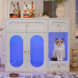 NatureScape Living's stylish white Cat Litter Box Enclosure, with blue LED lights, a Ragdoll cat, and cat food bags on top.