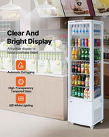 A white commercial display case with high-transparency tempered glass, LED lighting, and automatic defogging showcases beverages.