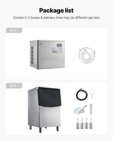 Commercial Ice Maker 450LBS/24H components: a stainless steel ice maker and storage bin, plus hoses, an ice scoop, and filter.
