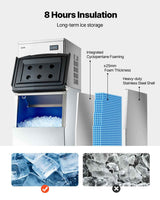 NatureScape Living commercial ice maker in stainless steel, detailing 8-hour insulation, foam thickness, and perfect cube ice.