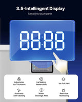 NatureScape Living Commercial Ice Maker's intelligent blue digital touch panel displays a timer and key features like adjustable ice thickness, self-cleaning, and alerts.