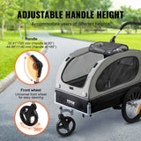 A black and gray VEVOR Dog Bike Trailer, a 2-in-1 pet stroller, displays its adjustable handle and 360° universal front wheel.
