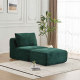 A pet-friendly modern dark green corduroy dog sofa bed with a movable ottoman in a bright living room.