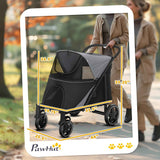 PawHut black and gray dog stroller with mesh windows, being pushed by a woman on an outdoor path.