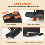 A black and orange Dog Treadmill 2026 Edition showcasing its LED display, slope adjustment, portable wheels, and seismic reduction column.