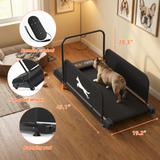 A French Bulldog exercises on the black Dog Treadmill 2026 Edition, featuring a digital display, remote, and transport wheels.