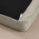 The elegant rectangular elevated dog bed features a light beige woven fabric cover with a visible white zipper.