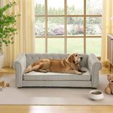 A golden retriever rests on NatureScape Living's elegant grey elevated dog bed in a bright room with a garden view.