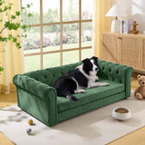 An Elegant Rectangular Sofa Elevated Dog Bed in green tufted fabric, with a Border Collie resting, part of NatureScape Living's The Animal Sanctuary.