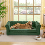 A golden retriever relaxes on a dark green tufted Elegant Rectangular Pet Bed in a bright room with a garden view.