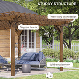 A sturdy 12x20 Wood Pergola, featuring solid wood columns, diagonal braces, and a three-story beam design, creates a cozy patio.