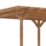This NatureScape Living 12x20 wood pergola showcases sturdy light brown timber posts and a slatted roof design.