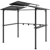 A dark metal NatureScape Living premium outdoor grill gazebo with a tiered roof, side shelves, and utensil hooks.