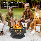The 18-inch metal wood-burning Fire Pit with Cooking Grate, featuring hollow, decorative side walls, warms four friends outdoors.