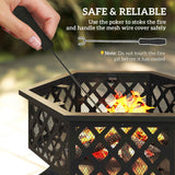A black hexagonal NatureScape Living Fire Pit with Cooking Grate has a poker stoking its wood fire, emphasizing safe use.