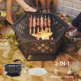 NatureScape Living's 18-inch Metal Wood Burning Fire Pit with Cooking Grate, shown cooking skewers, offers 2-in-1 barbecue and fire pit functions.