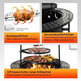 NatureScape Living's black wood-burning 33-inch Fire Pit with Grill, with a rotisserie chicken, full cooking grills, and a surrounding shelf.