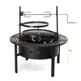 A black 33 Inch wood-burning Fire Pit with Grill by NatureScape Living, featuring moon and star cutouts, two cooking grills, and a rotisserie.