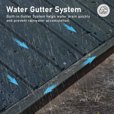 Rain streams down the dark gray hardtop roof of a NatureScape Living gazebo into its integrated water gutter system.