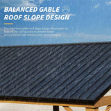 Close-up of a NatureScape Living Galvanized Steel Hardtop Gazebo’s dark gray metal roof with balanced gable slope design, shown with rain.
